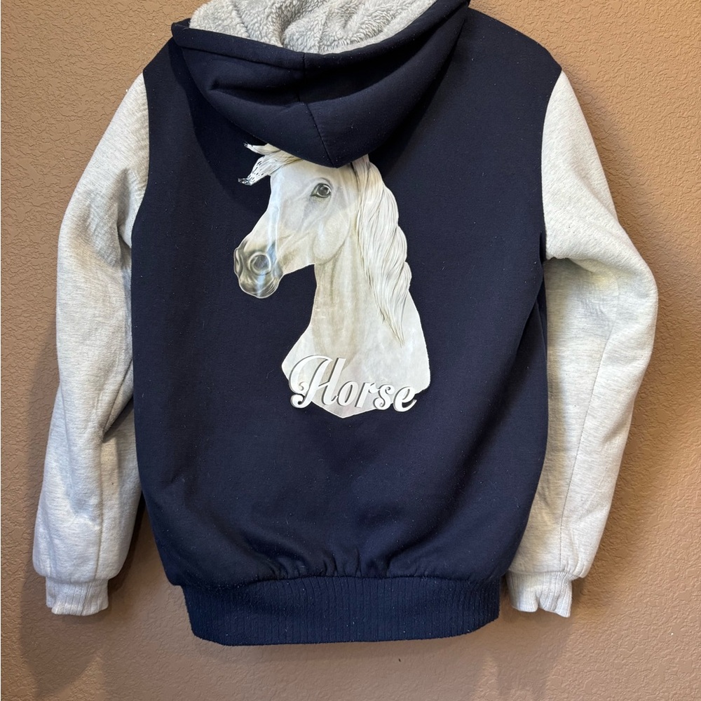 Thick Navy and Gray Horse Print Hooded Jacket